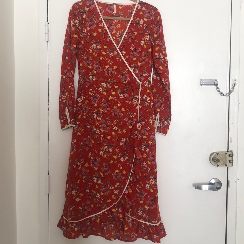 Free people red floral silk midi wrap dress